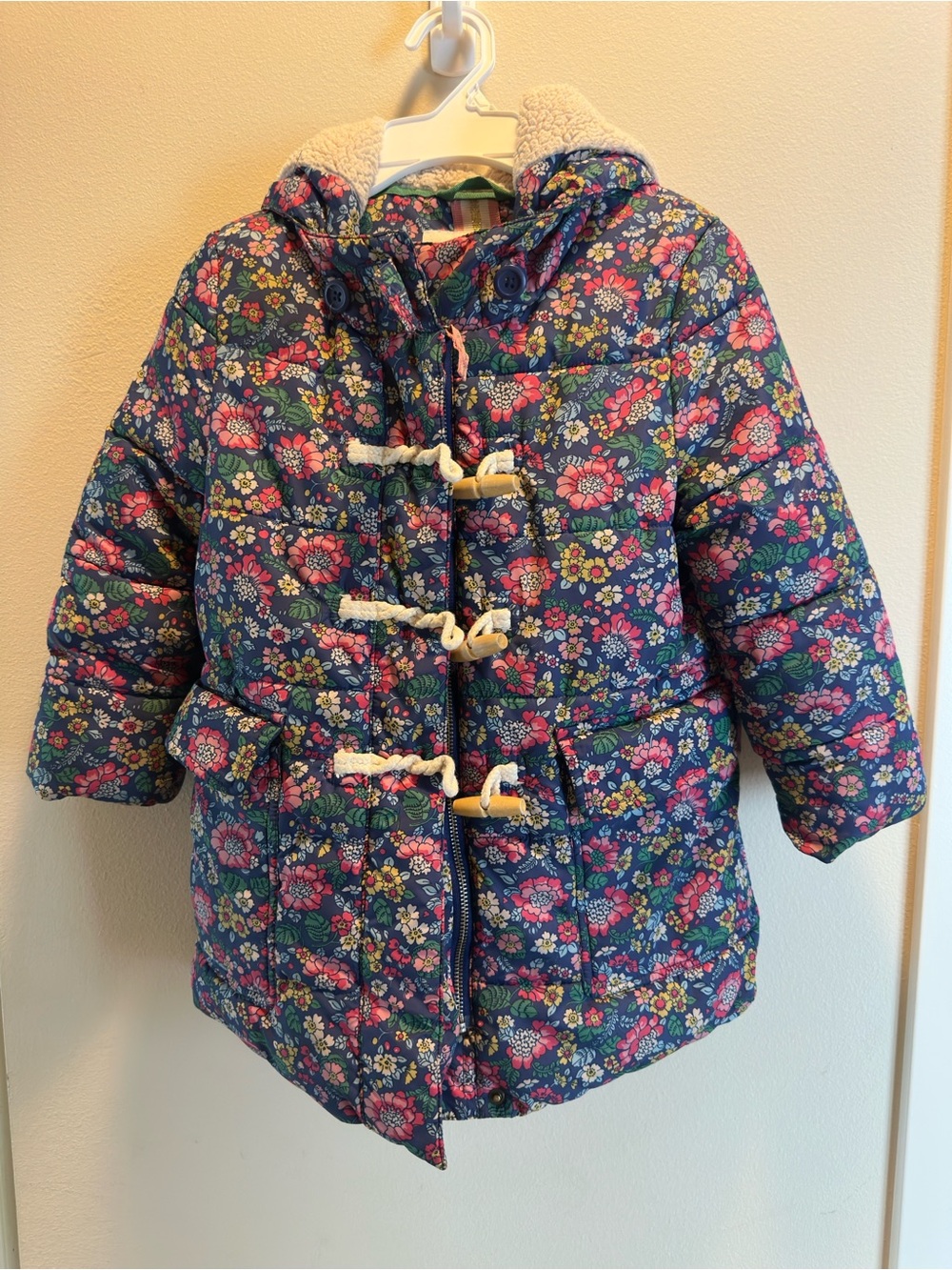 Mini Boden Navy Floral Puffer Coat with Pink and Green Accents